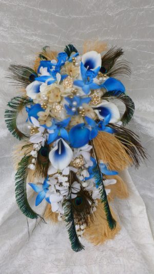 Cascading bridal bouquet with royal blue, gold, champagne flowers, feathers - Image 3