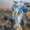 Cascading bridal bouquet with royal blue, gold, champagne flowers, feathers - Image 5