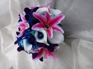 Fuchsia tiger lily, blue galaxy orchid bouquet "Aurora" - Image 2