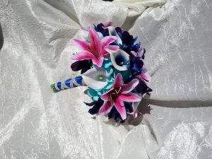 Fuchsia tiger lily, blue galaxy orchid bouquet "Aurora" - Image 4
