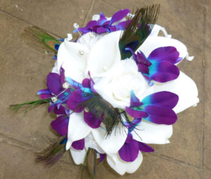 Real touch roses, real touch calla bridal bouquet with galaxy orchids, small bouquet, peacock feathers, rhinestones, artificial bouquet - Image 2
