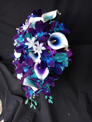 Galaxy orchid bridal bouquet with purple, teal and blue picasso callas - Image 4