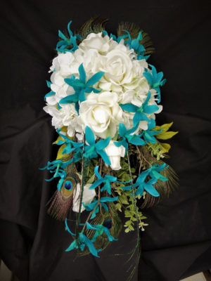 Teal orchid bridal bouquet with white roses and peacock feathers