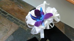 Calla lily orchid pearl wrist corsage with galaxy orchids