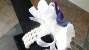 Calla lily orchid pearl wrist corsage with galaxy orchids - Image 4