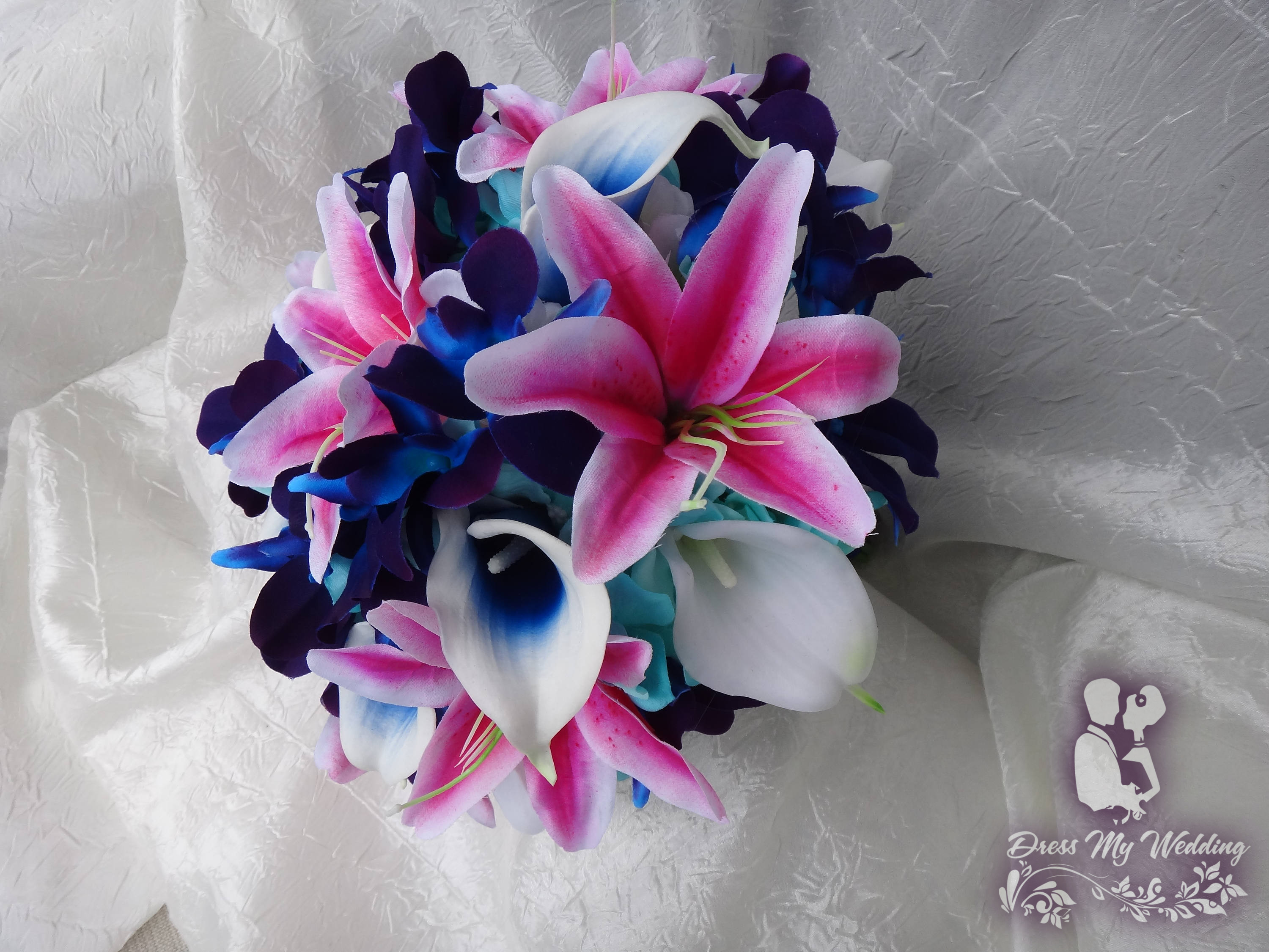Dress My Wedding Fuchsia tiger lily blue galaxy orchid bouquet