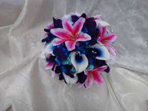 Fuchsia tiger lily, blue galaxy orchid bouquet "Aurora" - Image 3