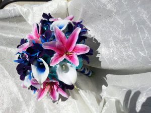 Fuchsia tiger lily, blue galaxy orchid bouquet "Aurora" - Image 5
