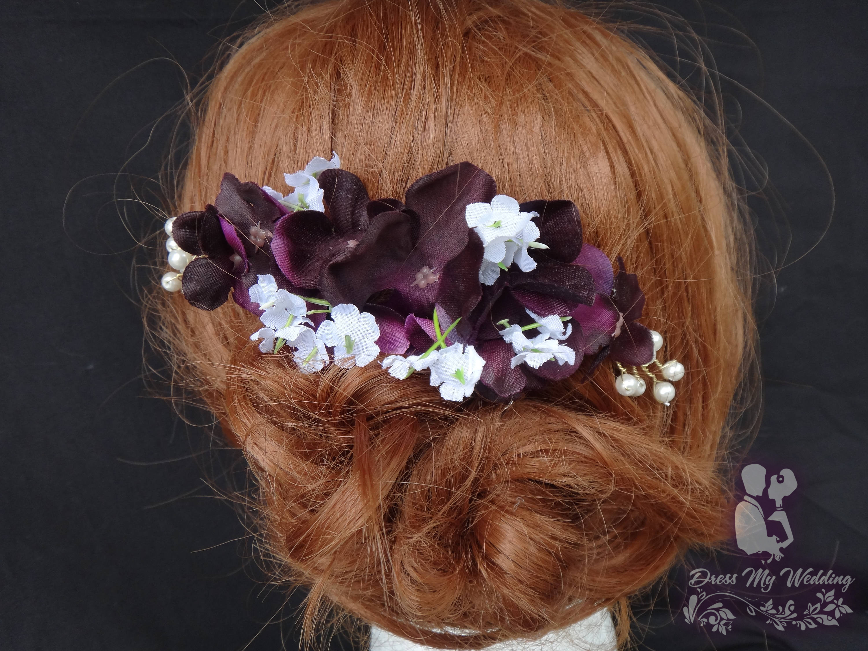 Dress My Wedding – Plum hydrangea, baby's breath, pearl hair comb, artificial  flowers, hair accessory