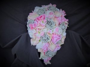 Ivory, pink, gray cascading bridal bouquet, calla lily, rose, orchid bouquet with artificial flowers, silk flowers,real touch calla