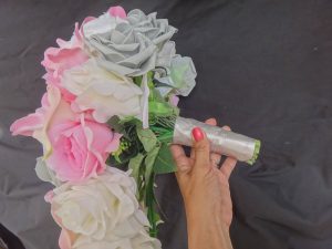 Ivory, pink, gray cascading bridal bouquet, calla lily, rose, orchid bouquet with artificial flowers, silk flowers,real touch calla - Image 2
