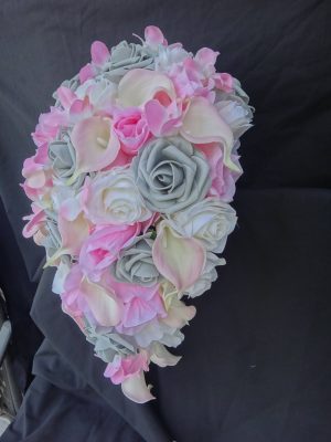 Ivory, pink, gray cascading bridal bouquet, calla lily, rose, orchid bouquet with artificial flowers, silk flowers,real touch calla - Image 4