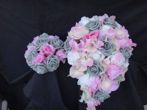 Ivory, pink, gray cascading bridal bouquet, calla lily, rose, orchid bouquet with artificial flowers, silk flowers,real touch calla - Image 5