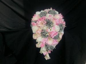 Ivory, pink, gray cascading bridal bouquet, calla lily, rose, orchid bouquet with artificial flowers, silk flowers,real touch calla - Image 7