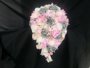 Ivory, pink, gray cascading bridal bouquet, calla lily, rose, orchid bouquet with artificial flowers, silk flowers,real touch calla - Image 6