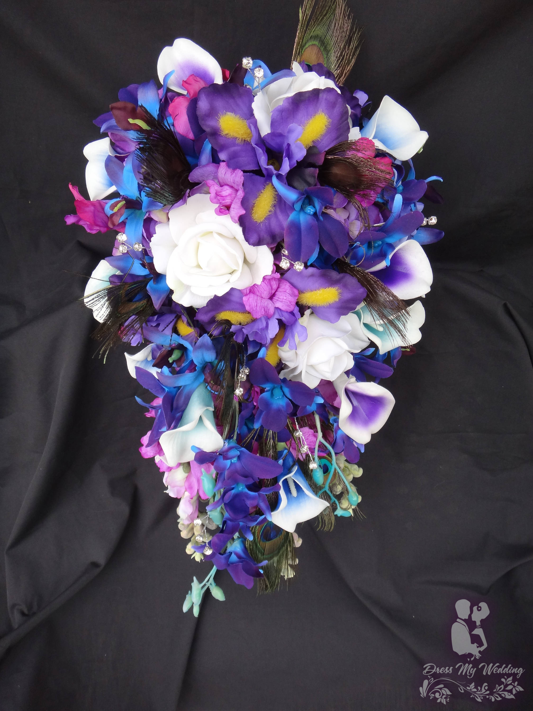 Dress My Wedding Cascading Bouquet Purple Blue Calla Rose Iris Orchid Galaxy Orchid