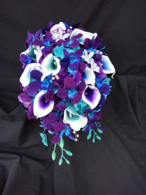 Galaxy orchid bridal bouquet with purple, teal and blue picasso callas - Image 2