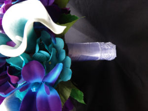 Galaxy orchid bridal bouquet with purple, teal and blue picasso callas - Image 5