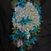 Teal orchid bridal bouquet with white roses and peacock feathers - Image 2