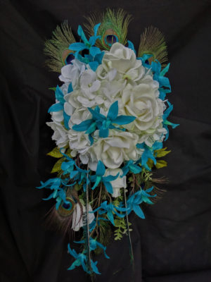 Teal orchid bridal bouquet with white roses and peacock feathers - Image 2