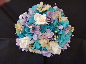 Turquoise, gold, chamapgne, lavender, bridal bouquet with ivory roses, hydrangea bride bouquet, artificial flower, gold pearl rhinestone