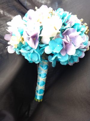 Turquoise, gold, chamapgne, lavender, bridal bouquet with ivory roses, hydrangea bride bouquet, artificial flower, gold pearl rhinestone - Image 2