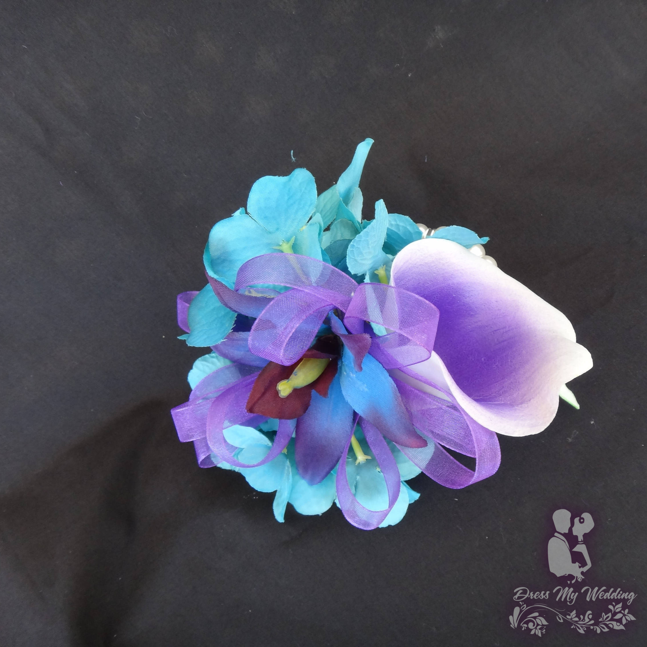 Dress My Wedding – Real touch calla lily orchid pearl wristlet, galaxy  orchid, corsage, turquoise purple corsage,purple blue orchid