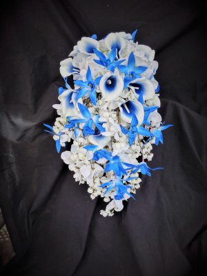 Royal blue, white cascading bouquet, bridal cascade bouquet, calla lily, orchids, hydrangeas, wisterias, artifical flower, real touch flower - Image 3