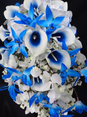 Royal blue, white cascading bouquet, bridal cascade bouquet, calla lily, orchids, hydrangeas, wisterias, artifical flower, real touch flower - Image 4