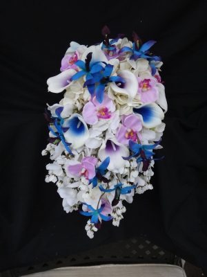 Cascading blue calla and orchid bouquet with lavender accent - Image 2