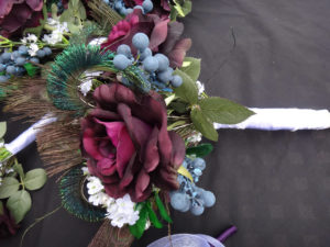 Plum purple bridal bouquet with peacock, berry, blueberry accent, pearl stems, baby's breath, fall bouquet, autumn wedding - Image 3