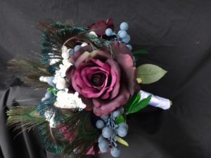 Plum purple bridal bouquet with peacock, berry, blueberry accent, pearl stems, baby's breath, fall bouquet, autumn wedding - Image 7