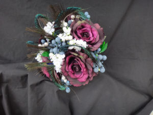 Plum purple bridal bouquet with peacock, berry, blueberry accent, pearl stems, baby's breath, fall bouquet, autumn wedding - Image 4
