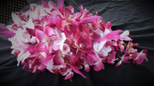 Hot pink orchid and tiger lily cascading bouquet