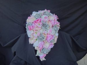 Ivory, pink, gray cascading bridal bouquet, calla lily, rose, orchid bouquet with artificial flowers, silk flowers,real touch calla - Image 3