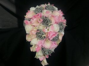 Ivory, pink, gray cascading bridal bouquet, calla lily, rose, orchid bouquet with artificial flowers, silk flowers,real touch calla - Image 8