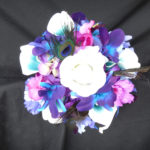 Calla lily, rose, blue iris, orchids, blue and purple bouquet