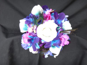 Calla lily, rose, blue iris, orchids, blue and purple bouquet