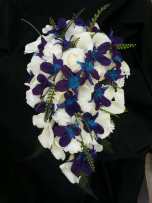 Cascading bouquet with galaxy orchids and calla lilies