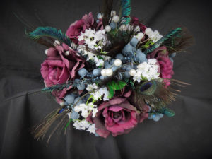 Plum purple bridal bouquet with peacock, berry, blueberry accent, pearl stems, baby's breath, fall bouquet, autumn wedding - Image 2