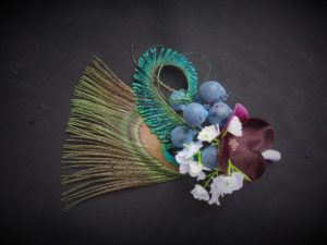 Plum hydrangea, blueberry, peacock feather autumn boutonniere, button hole, berry, artificial flowers