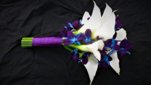 Calla lily and galaxy orchid bouquet