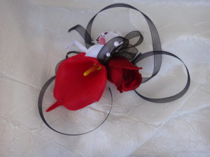 Rose, calla, orchid wrist corsage, wristlet, white, red, tie on corsage - Image 3