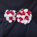 White and red bridesmaid bouquet, Real touch Rose, real touch calla, red fabric orchid teardrop, cascading bouquet, bridal bouquet
