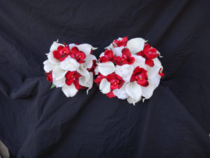 White and red bridesmaid bouquet, Real touch Rose, real touch calla, red fabric orchid teardrop, cascading bouquet, bridal bouquet