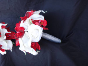 White and red bridesmaid bouquet, Real touch Rose, real touch calla, red fabric orchid teardrop, cascading bouquet, bridal bouquet - Image 2