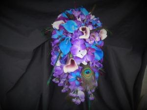 Cascading purple and blue bridal bouquet
