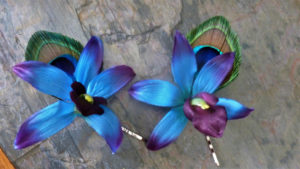 2 dendrobium orchid, galaxy orchid bobby pin, peacock fether, hair accessory