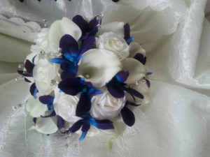 Purple blue orcid, galaxy orchid, ivory, white real touch rose, white calla lily bridal bouquet, bride bouquet, island orchid, - Image 6