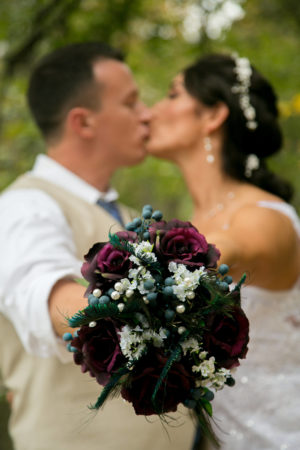 Plum purple bridal bouquet with peacock, berry, blueberry accent, pearl stems, baby's breath, fall bouquet, autumn wedding